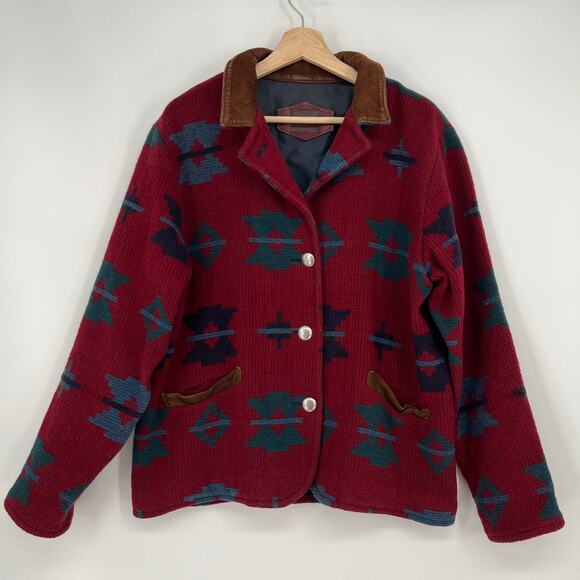 Woolrich Jackets & Blazers - VTG WOOLRICH Wool Aztec Southwest Chore Barn Jacket Coat Large Red Leather USA